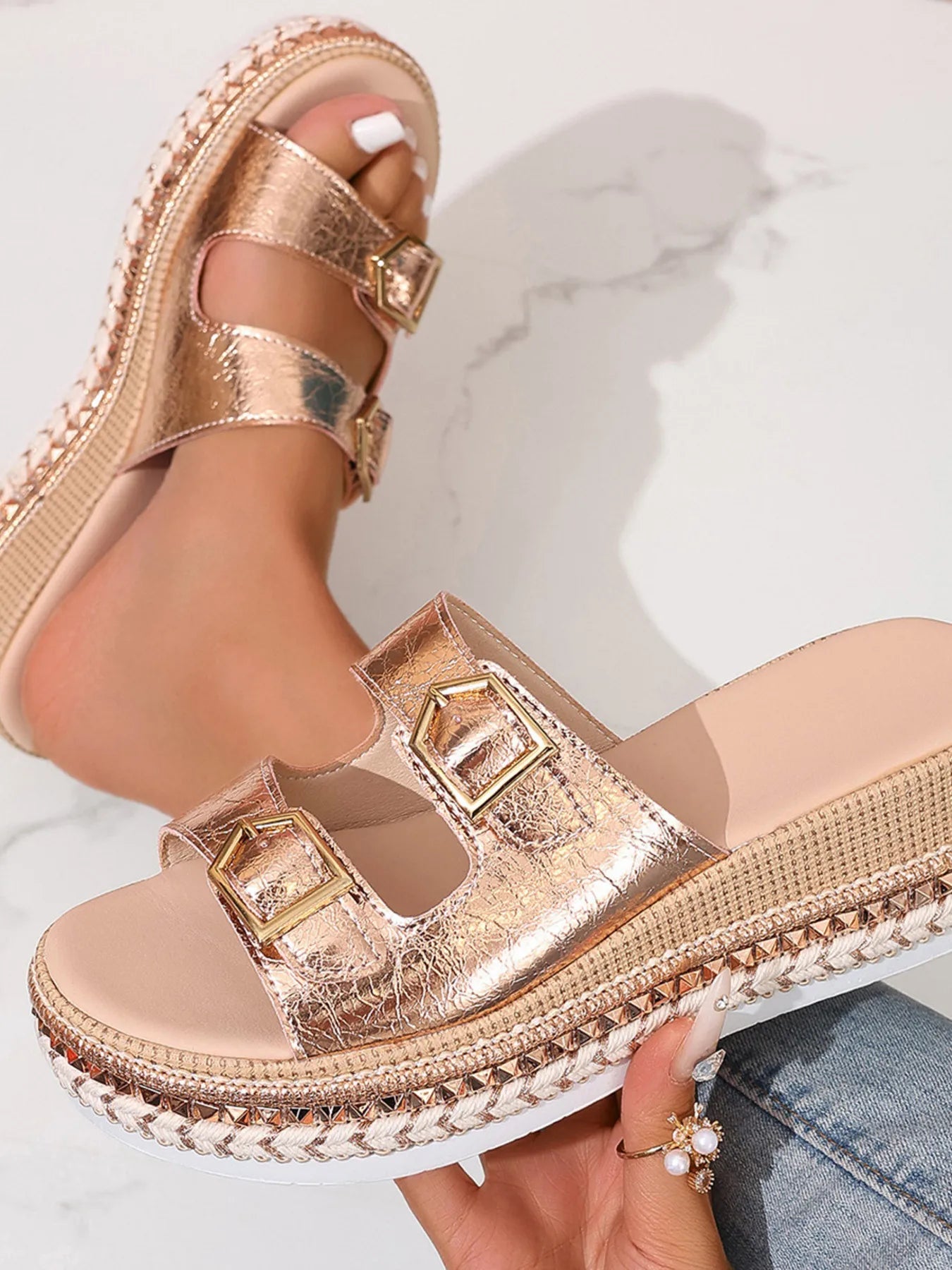 Women's Platform Double Buckle Sandals | Low Heel PU Leather Shoes