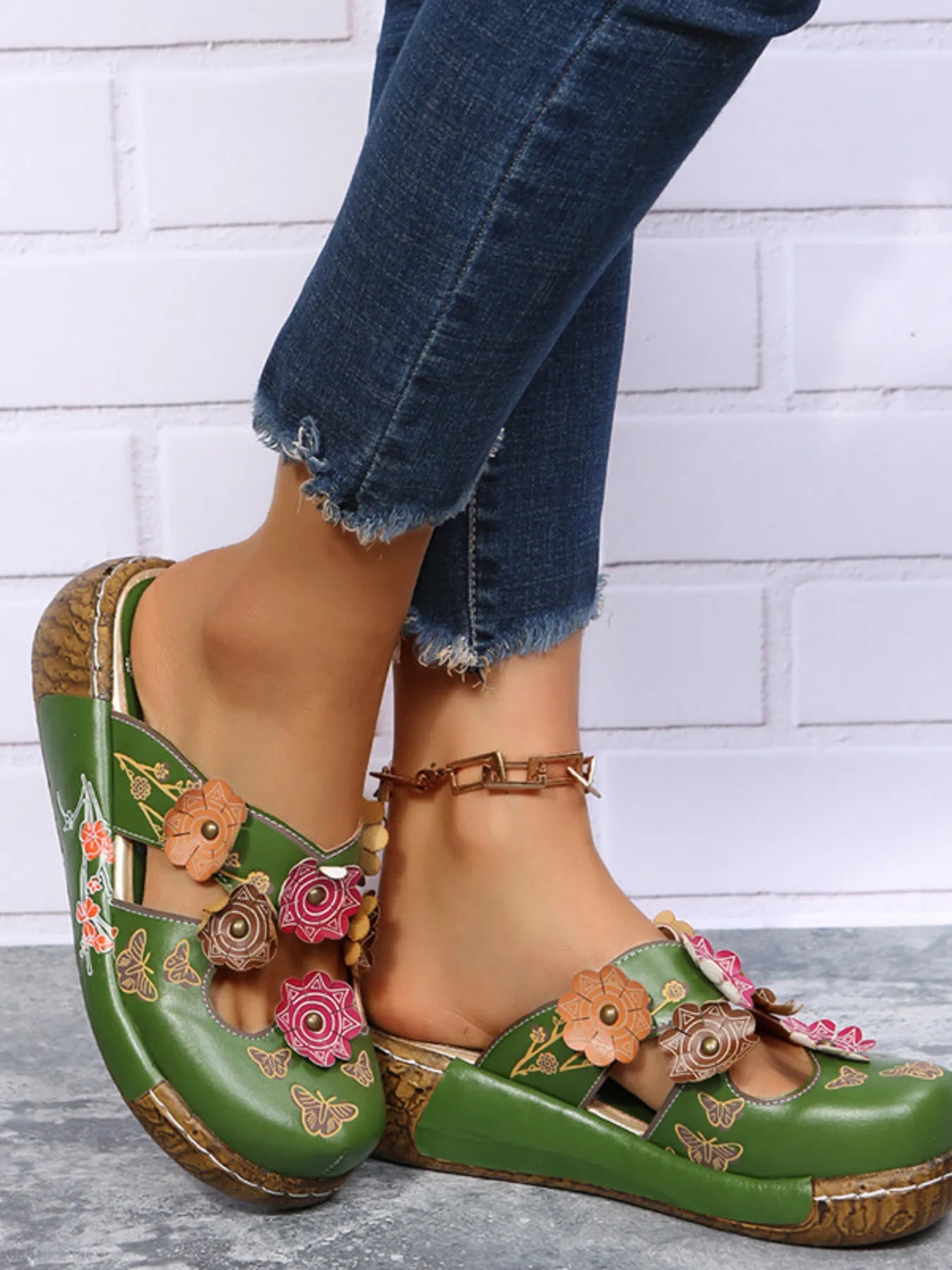 Women's Floral Flat Sandals | PU Leather Open Toe Summer Shoes
